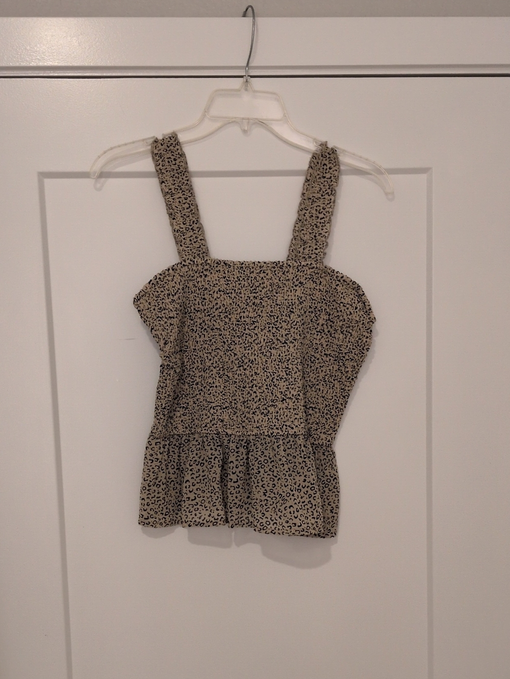 Leopard Print Smocked Peplum Crop Top in Beige and Black